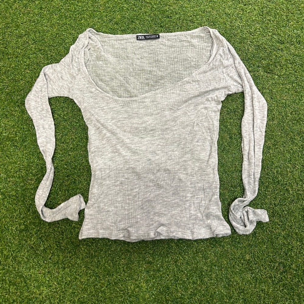 Zara Womens Gray Ribbed Knit Long Sleeve Scoop Neck Top Size Small